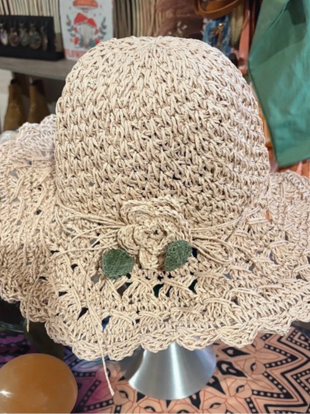 Light Blush Pink Straw Sun Hat with Decorative Leaf Accent